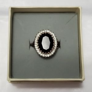 Sterling Silver 925 Onyx and CV Cyrstal Ring - 8